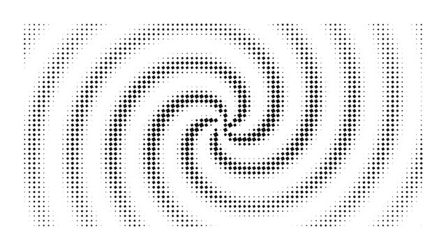 Dark black spiral vortex pattern with a pixelated halftone dot texture effect on a solid black background, for a digital