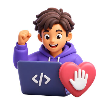 International Youth Day happy boy coder celebrating success with laptop and heart icon.