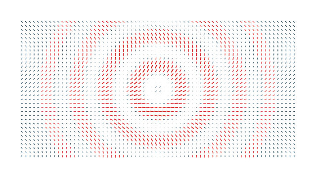 Rectangular grid with concentric red and blue circles forming a target pattern on a black background, for technology and, data visualization