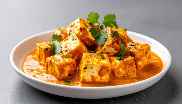 Delicious homemade paneer butter masala curry in a white plate