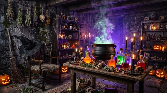 Dark and mysterious witch's laboratory filled with bubbling cauldrons, colorful potions, and eerie Halloween decorations, creating a magical and spooky atmosphere