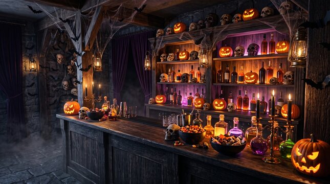 Spooky Halloween themed bar interior decorated with glowing jack o lanterns skulls and magic potions