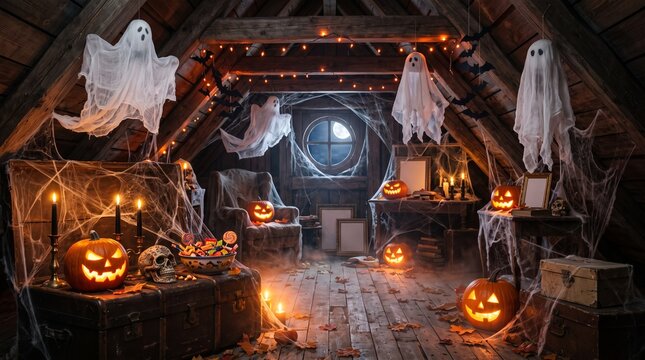 Creepy attic decorated for Halloween with ghosts, pumpkins, and spiderwebs, creating a spooky atmosphere
