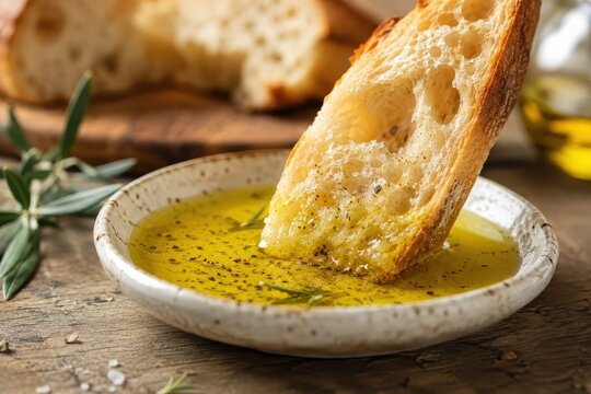 Sourdough bread dipped in olive oil with herbs, close-up shot