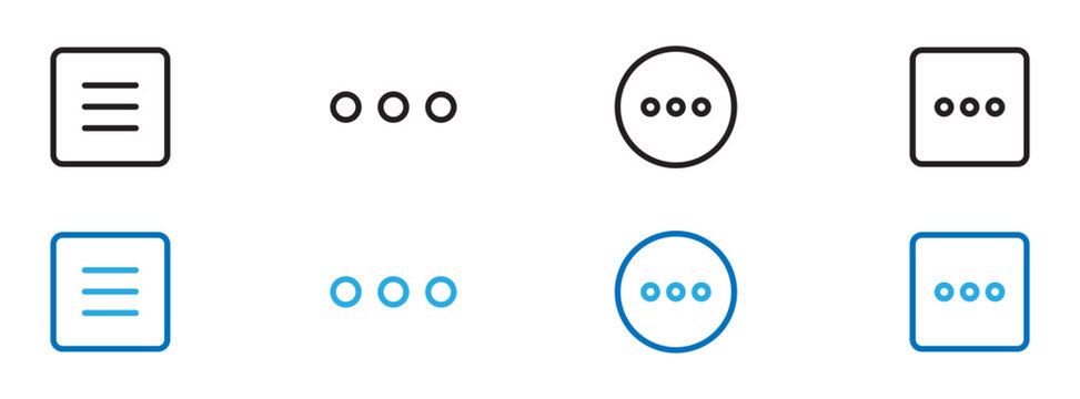 More options and horizontal ellipsis menu line icon set. Square menu button, three dots horizontal menu, and circle options button icons. Line icon collection.