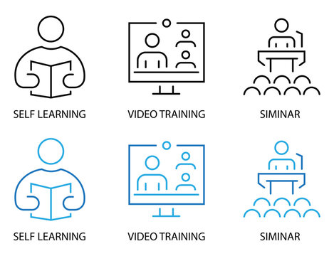 Learning methods and online education line icon set. Self learning reading book, video training online course, and seminar presentation icons. Line icon collection.