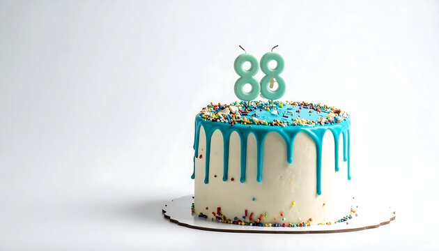 Delicious Homemade Birthday Cake Decorated With Blue Drip Icing And Number Eighty Eight Candles For A Milestone Celebration