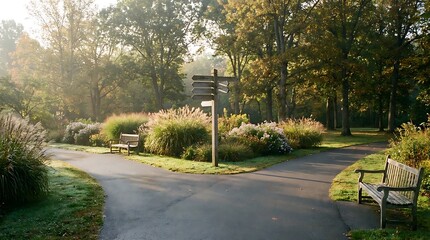 Fototapeta premium Two divergent paths emerge in a serene park, bathed in soft morning light, inviting contemplation on life's choices and the journey ahead amidst tranquil nature