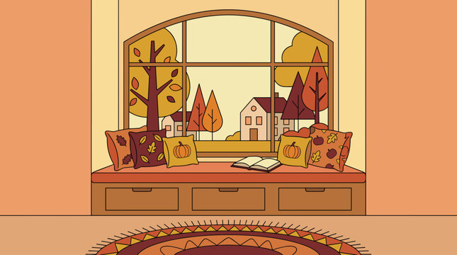 Cozy window seat with autumn decor, view of fall trees and houses, open book, flat design illustration