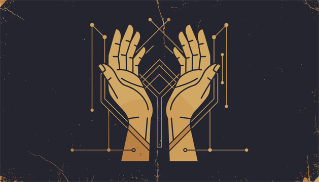Vintage style illustration of two gold colored human hands raised in a gesture of care or worship over a dark background.