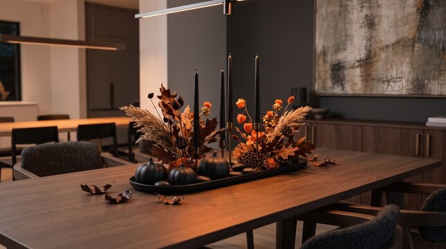 Modern autumn table centerpiece decoration with black candles and dried flowers in a dark elegant dining room