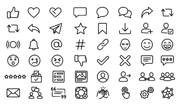 Social Like Love Comment Share Repost Outline Icons with Editable Vector Stroke