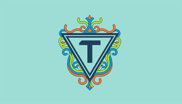 Ornate letter T logo design featuring a blue central triangle surrounded by vibrant green and orange flourishes.