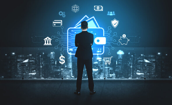 Modern mobile banking concept featuring secure digital wallet interface, contactless NFC payment, and money transfer. Represents safe user financial buy transactions in a cashless society. Corpus