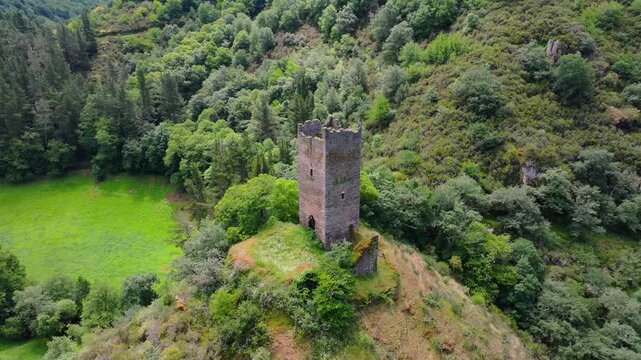 Square Stone Tower Of Torre de Doncos In As Nogais, Galicia, Spain. Aerial Forward Shot