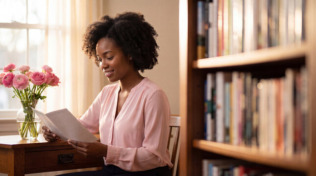 Serene Reader by the Window: A woman with a gentle smile reads a document at a wooden desk, with a bouquet of pink roses on one side and a bookshelf filled with books on the other.