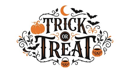 Trick or Treat Halloween typography design with pumpkin and bat illustrations © Tufayel