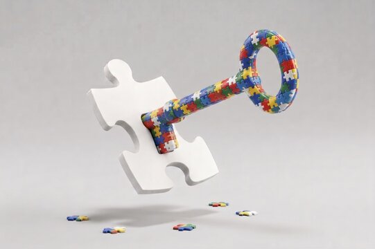 Colorful jigsaw puzzle key unlocking a floating white puzzle piece on gray background, creative problem solving concept.