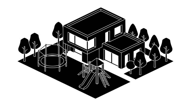 Isometric modern house with garden and playground