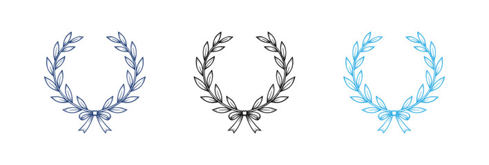 Fototapeta premium A collection of three artistic laurel wreaths featuring delicate leaves and tied ribbons in black blue and light cyan tones on a clean white background