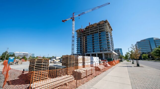 Busy urban construction site with a multi-story building rising, crane active under a clear blue sky, symbolizing city growth and modern architectural development