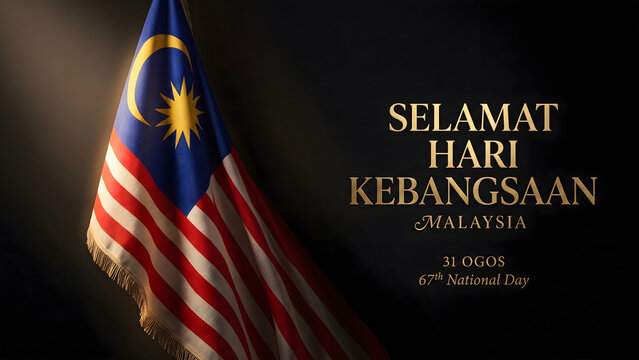 Dramatic shot of Malaysian flag waving against dark moody backdrop for Hari Kebangsaan