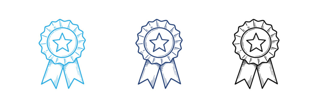 A collection of three award medal ribbon icons featuring a central star design presented in light blue and black hand drawn sketch styles