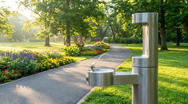 A modern drinking fountain provides cool refreshment along a winding path in a beautiful public park, encouraging hydration and outdoor enjoyment