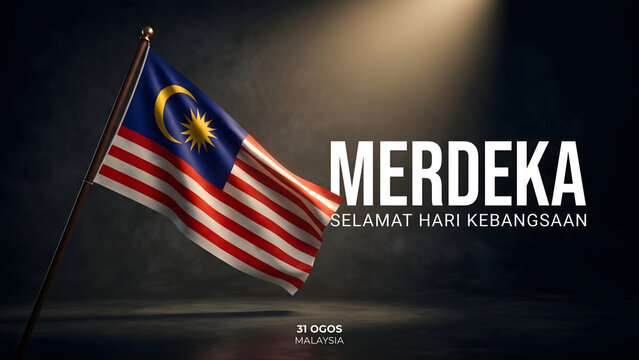 Waving flag of Malaysia on dark stage background with 3D Merdeka text typography