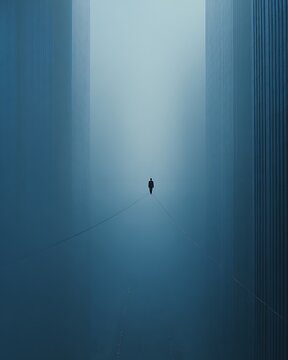 Businessman on Tightrope Between Foggy Skyscrapers Concept