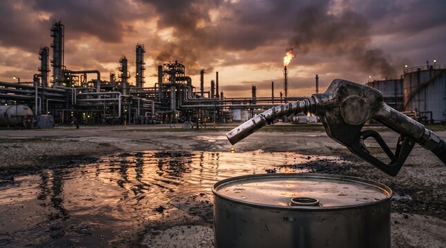 A dirty fuel nozzle with a drop of gas hovers over a metal barrel in front of a burning oil refinery.