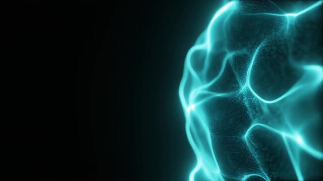 Electric-cyan plasma pulses with organic luminous thunder lines in a living energy field, self-illuminated against total black with generous side negative space for sci-fi overlays
