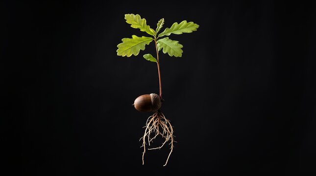 A tiny oak sapling with a single acorn and emerging roots stands isolated against a dark, simple background.