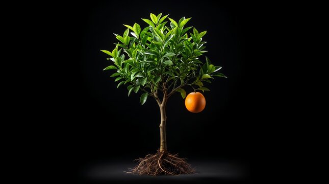 A small orange tree with a single ripe orange and visible roots is displayed against a black background.
