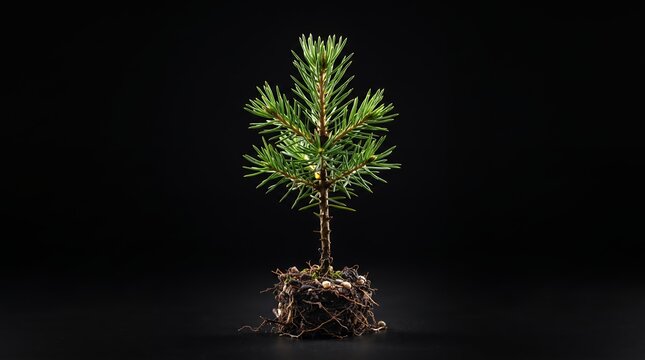 A small pine sapling stands with its exposed roots, a symbol of new growth against a dark void.