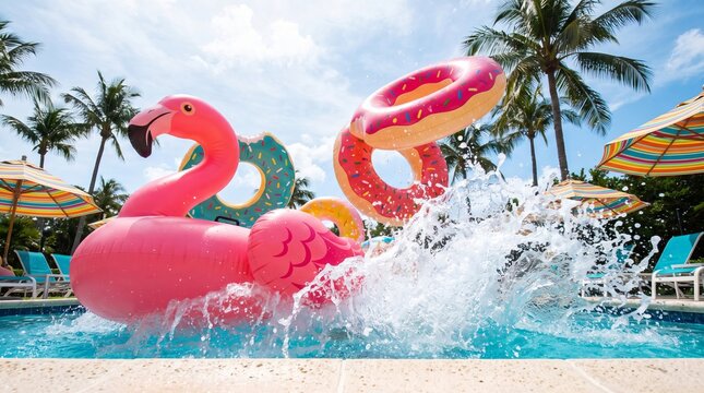 An outdoor swimming pool, dramatic water splashes around inflatable flamingo swimming pool and doughnut rings, on resort pool background, joyful summer atmosphere