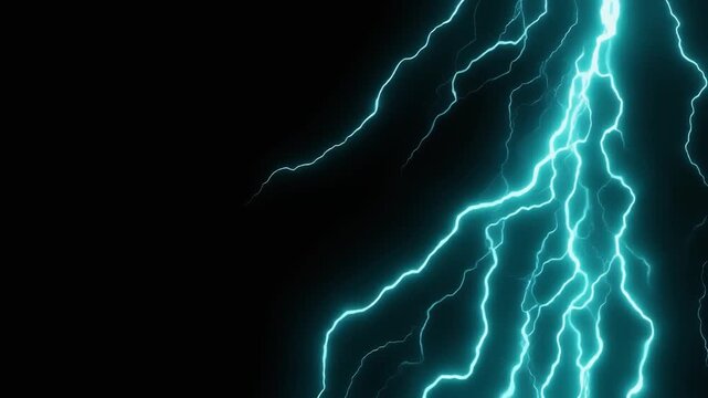 Electric-cyan plasma pulses with organic luminous thunder lines in a living energy field, self-illuminated against total black with generous side negative space for sci-fi overlays