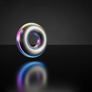 Sleek metallic silver torus hovering over a smooth reflective floor, featuring subtle gradient glows and sharp high-end studio lighting, visualization, minimal, digital