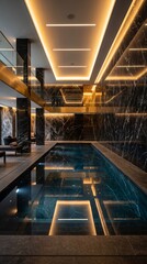 Fototapeta premium Elegant indoor swimming pool featuring a modern design with sophisticated lighting elements for a luxurious atmosphere