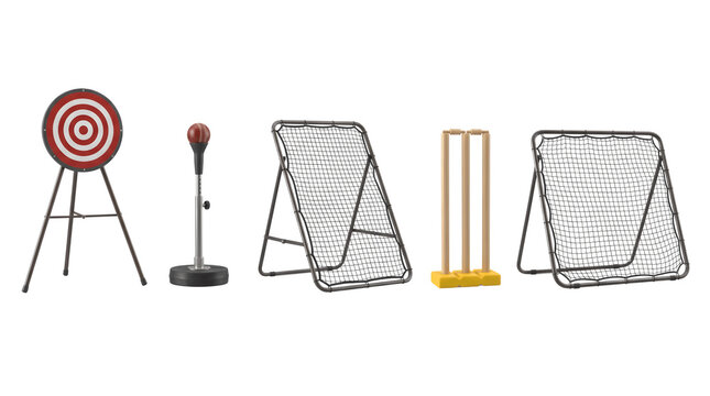 Outdoor sports equipment set with archery target, boxing speed bag, rebounder nets and cricket stumps on white background