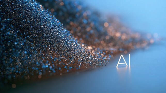 Abstract digital artwork symbolizing artificial intelligence, dense sparkling blue silver particle cloud bursting left and tapering toward center, clean white sans‑serif &ldquo;ai&rdquo; letters on semi‑reflectiv