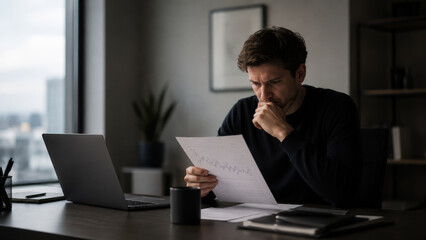 Fototapeta premium Focused man reading paper feeling anxious