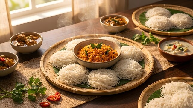 Fresh Sri Lankan String Hoppers with Sambol Golden Hour Table