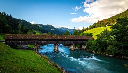 Fototapeta premium Historic covered bridge over mountain river valley.