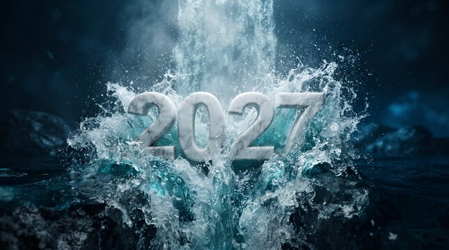 A dramatic waterfall crashes down over the stone numbers 2027, set against a dark and stormy sea, symbolizing a powerful force of nature and the passage of time.