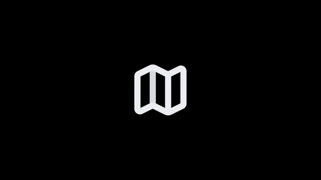 Minimalist white map icon isolated on a solid black background.