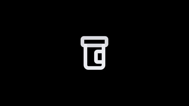Minimalist white line icon of a medicine pill bottle on a black background.