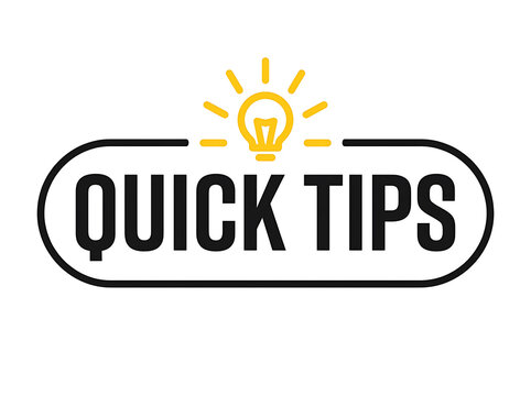 Quick tips sign, icon, emblem, badge with lightbulb isolated on white background