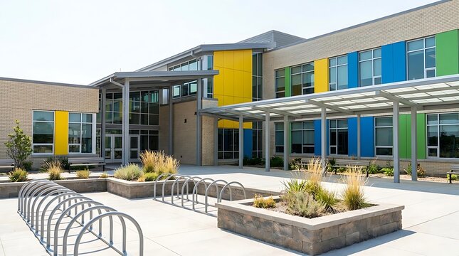 Modern and vibrant school building exterior on a bright day, featuring colorful architectural details, an inviting courtyard, and bicycle racks, symbolizing a contemporary learning environment
