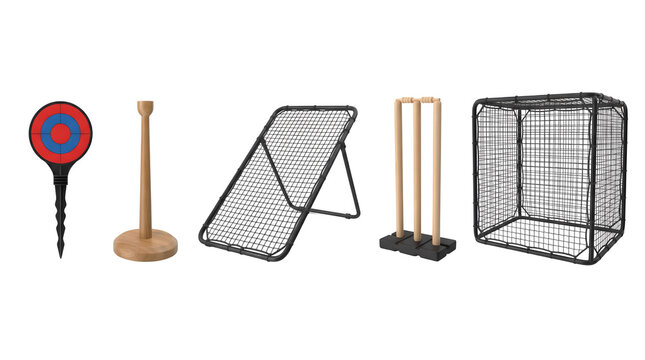 Professional cricket training equipment set, athletic practice gear collection on white, sports coaching tools and nets